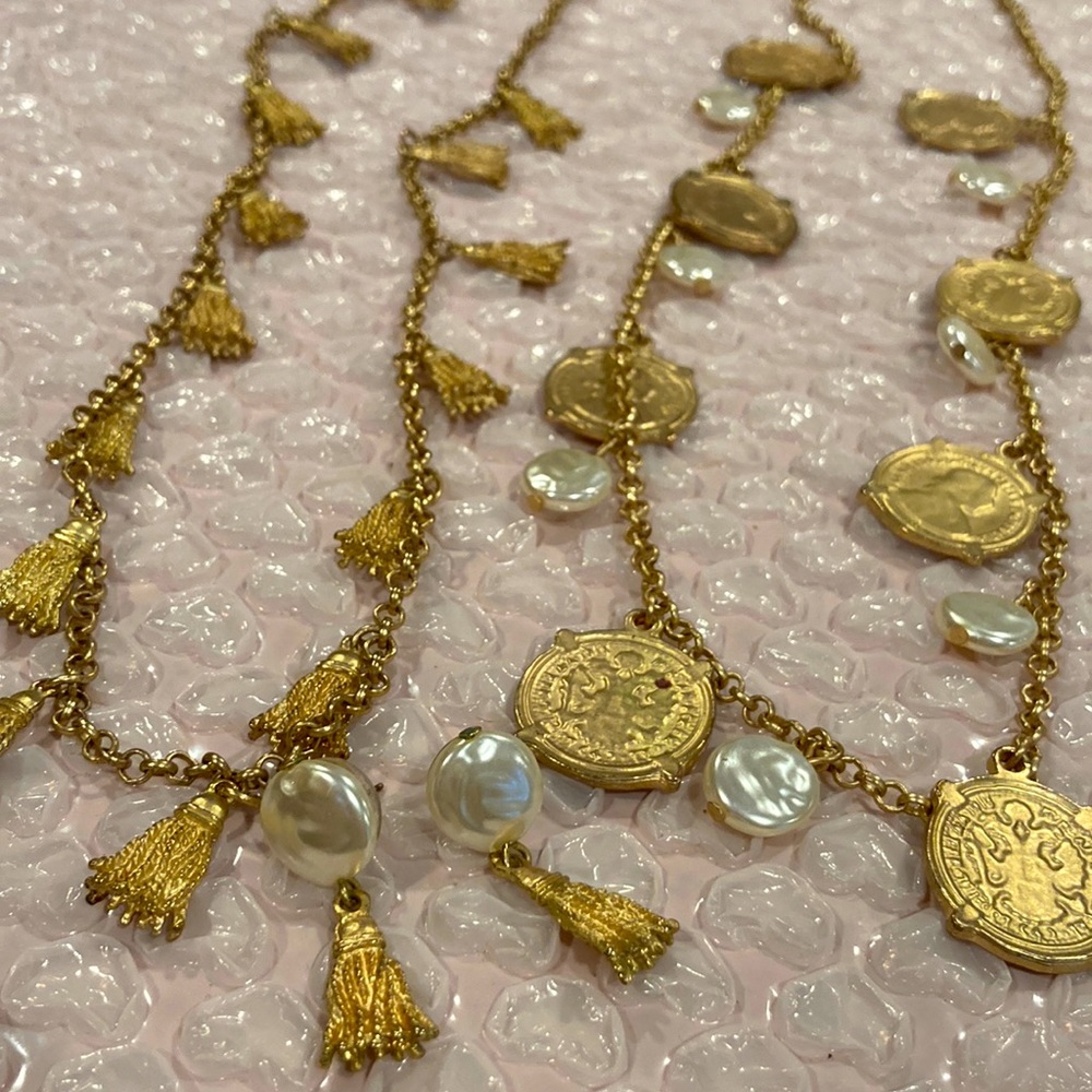LOT OF FORNASH PREPPY NAUTICAL MATTE GOLD LONG NECKLACES TASSEL COIN PEARL BOHO